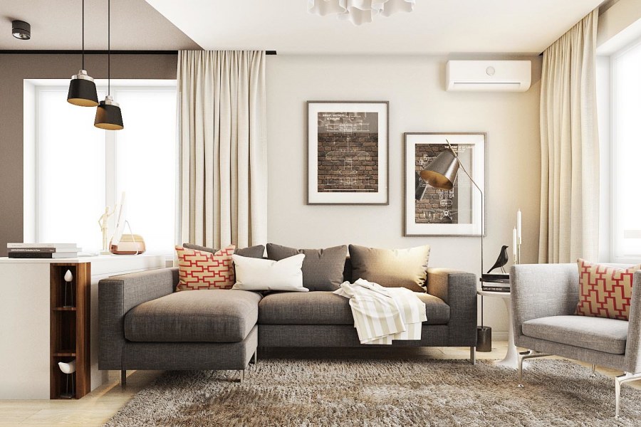 Гостиная с угловым диваном и рабочим местом