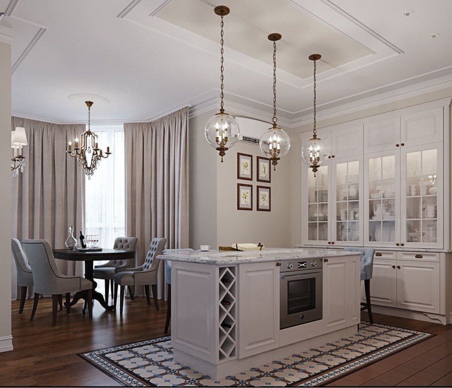 Кухня гостиная американская Неоклассика