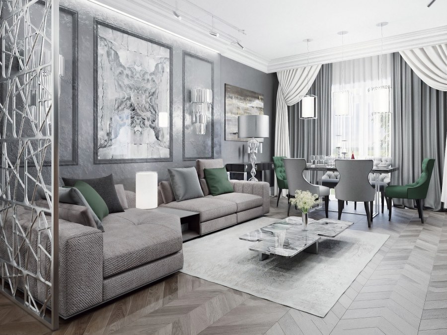 Гостиная в пастельных тонах с яркими акцентами