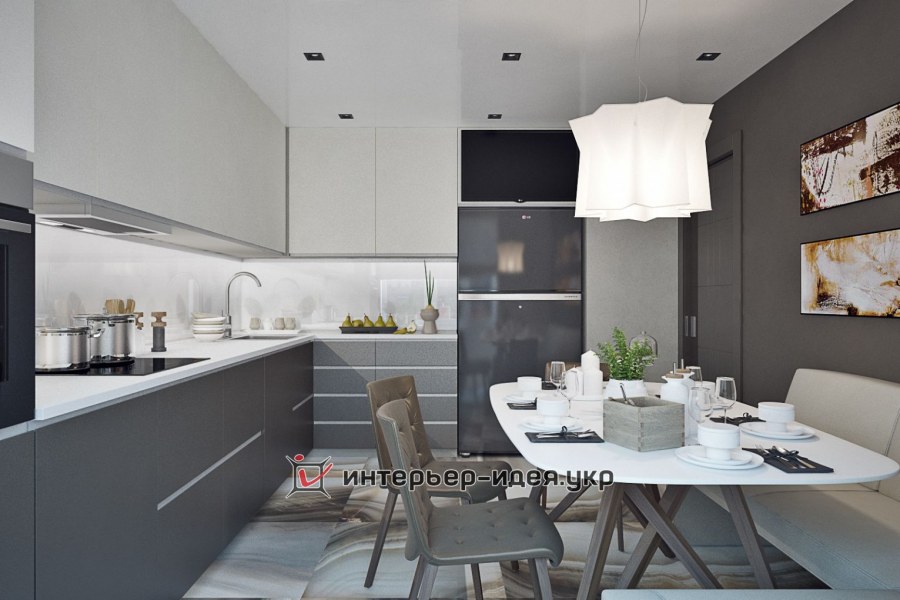 Кухня в серо белом цвете прямоугольная