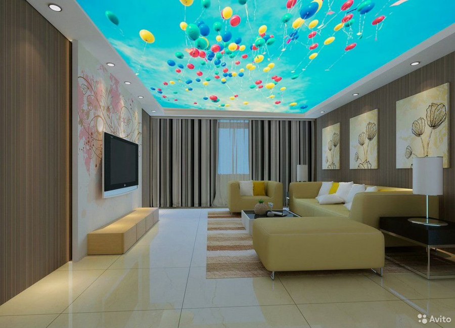 Васильковый навесной потолок для зала фото дизайн