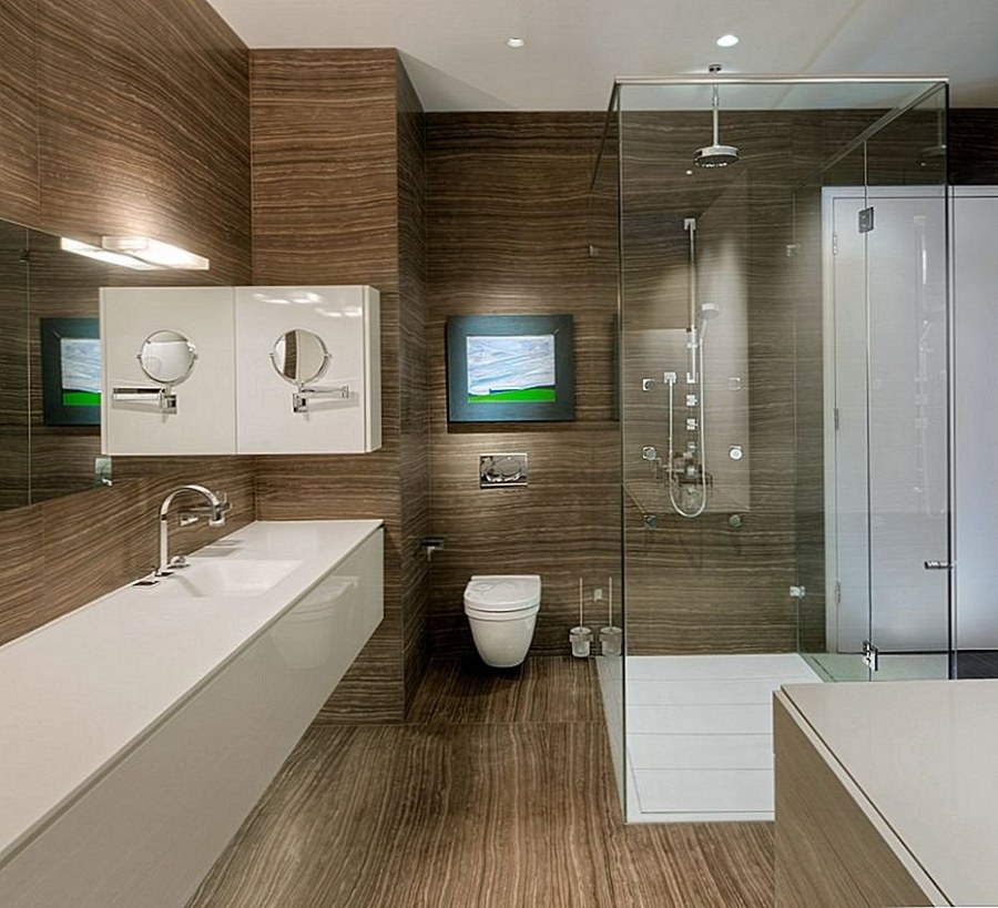 Современная ванная с деревом