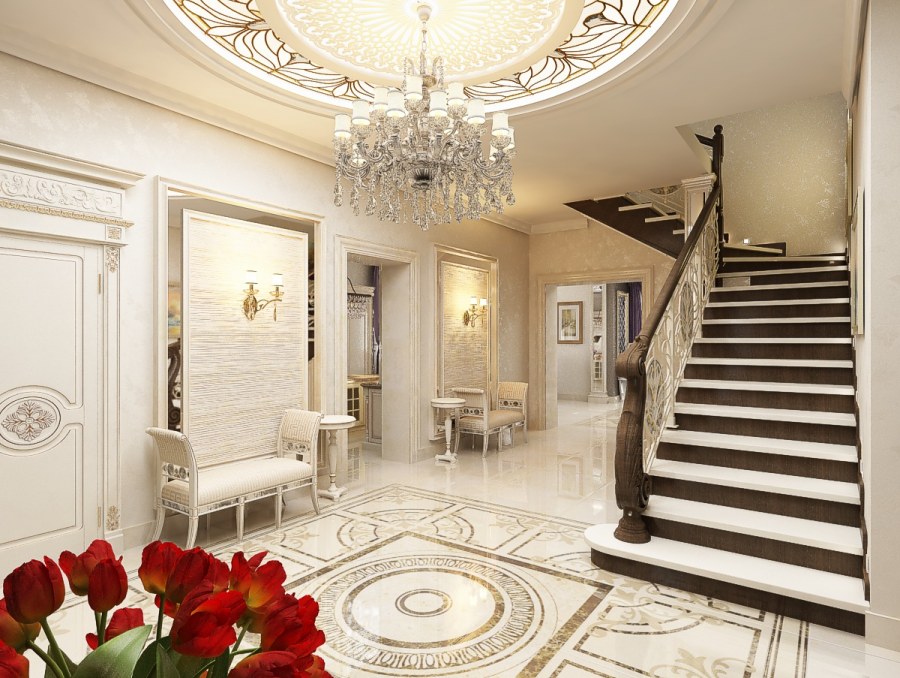 Холл в классическом стиле с лестницей