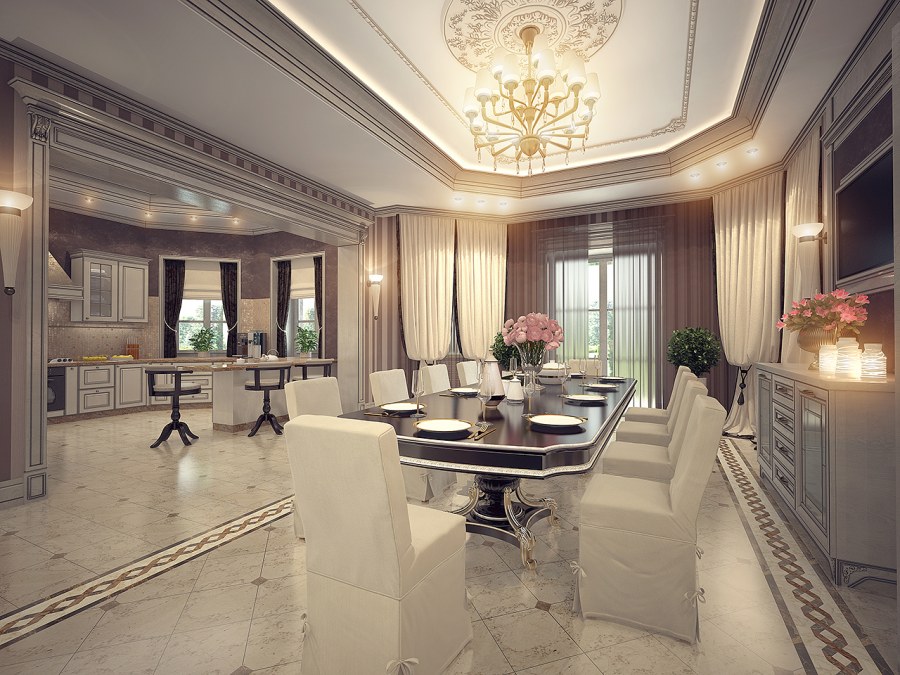 Гостиная со столовой в частном доме