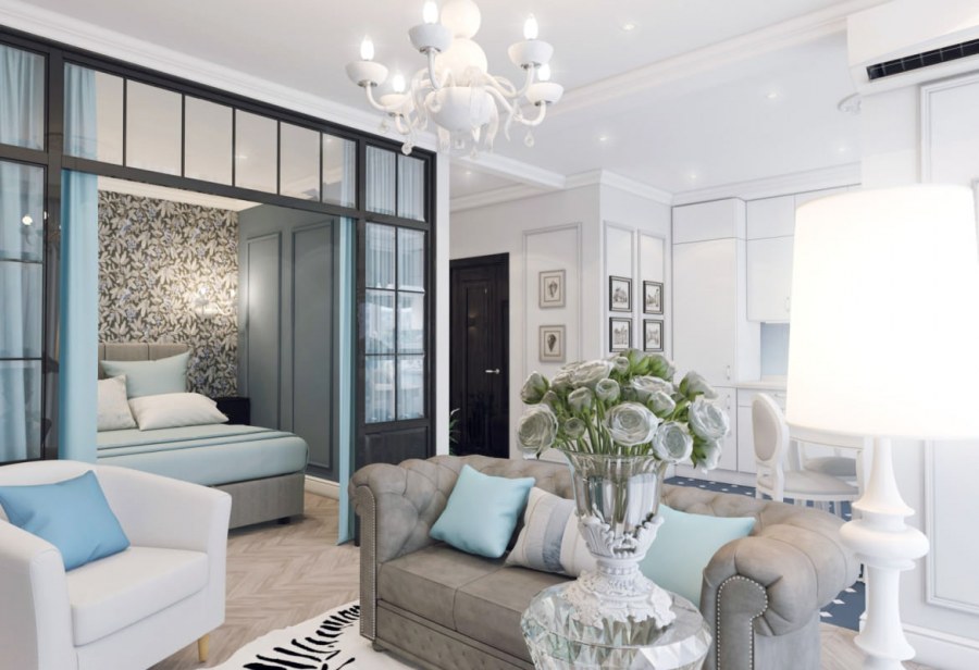 Гостиная 40 кв м стиль Неоклассика