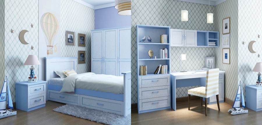 Детская в голубых тонах со светлой мебелью