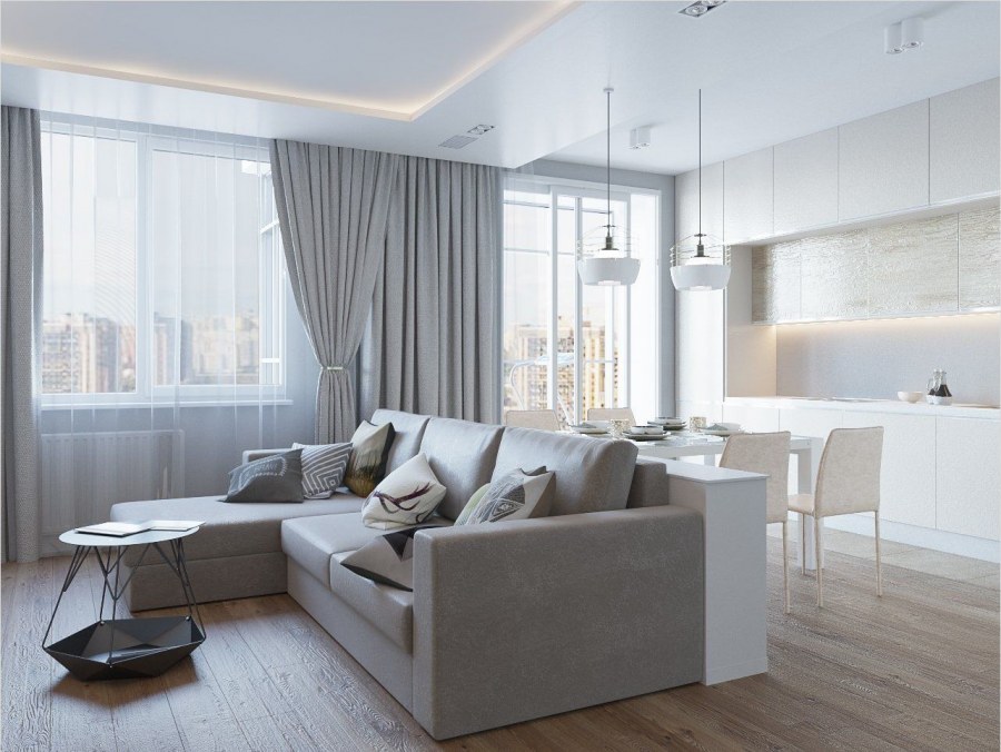 Кухня гостиная с серым диваном