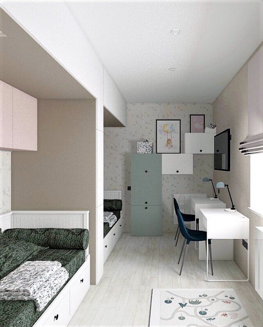 Узкая спальня для двоих детей