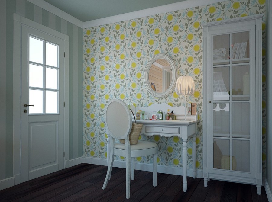 Обои в цветочек в интерьере кухни