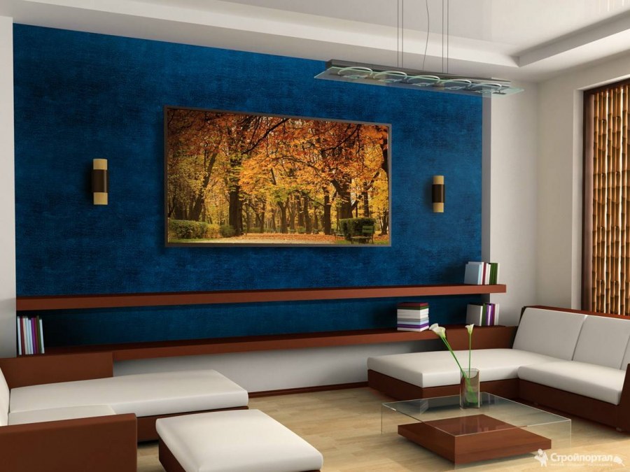 Декоративная штукатурка синяя в гостиной