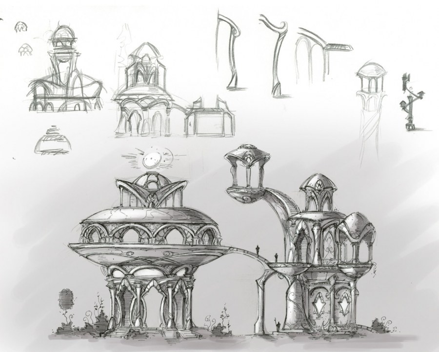 Зарисовки силуэтов деталей архитектурных построек разных стилей