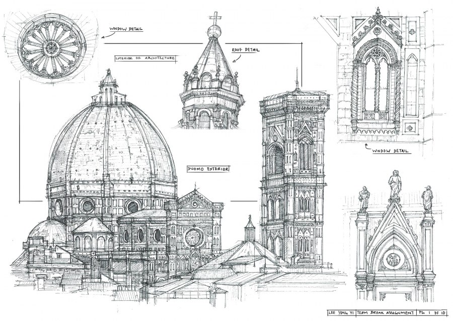 Зарисовки силуэтов, деталей архитектурных сооружений