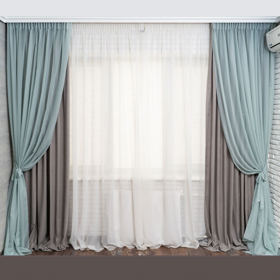 Портьера бирюза с серым