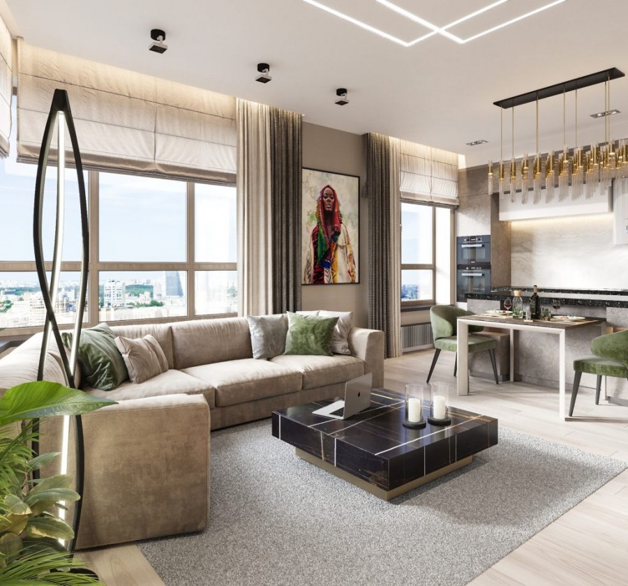 Интерьеры кухни гостиной в ЖК сердце столицы