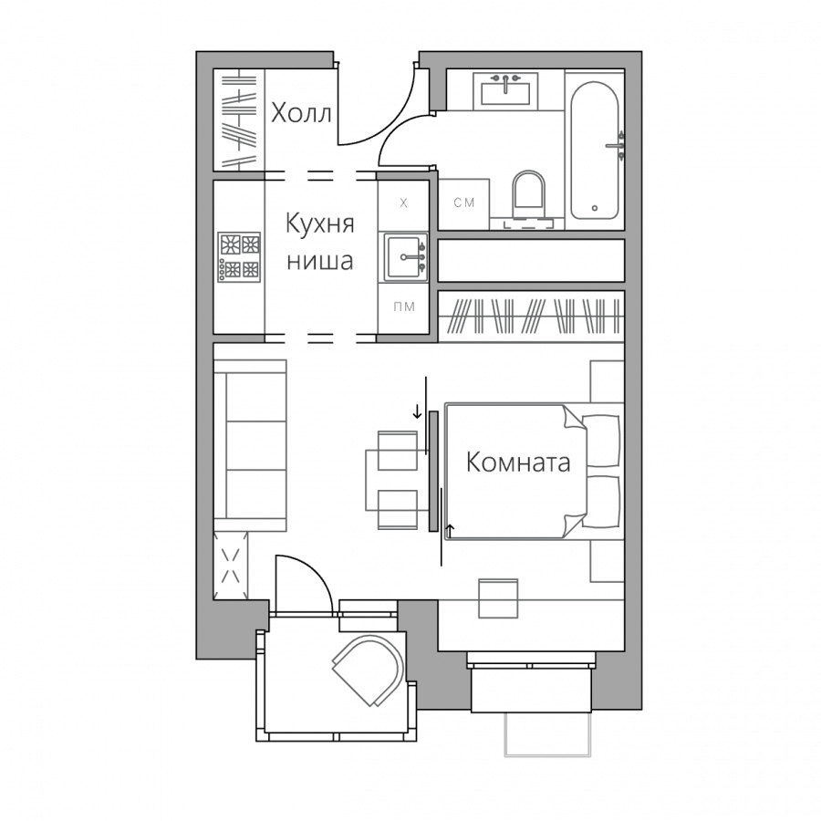 Планировочные решения студии 28 кв.м