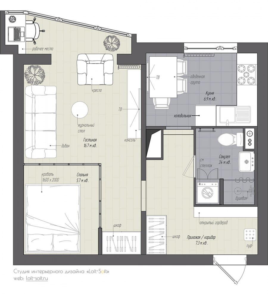 Планировка однокомнатной квартиры п44т