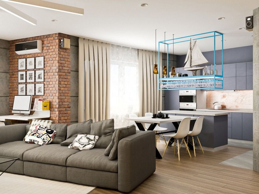 Маленькая кухня в стиле лофт с диваном
