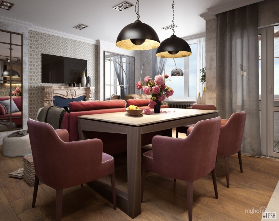 Обеденный стол за диваном