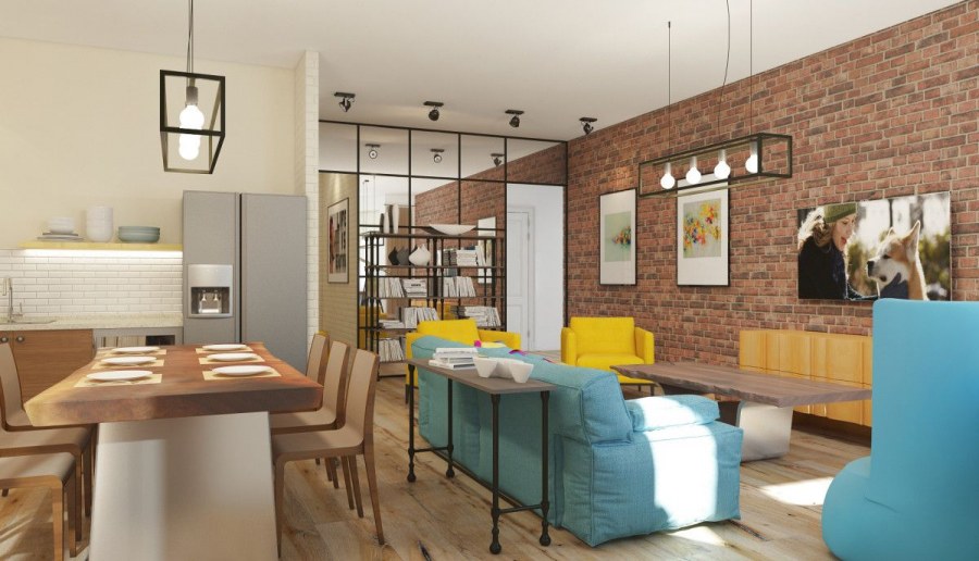 Интерьер кухня-гостиная лофт 20 кв