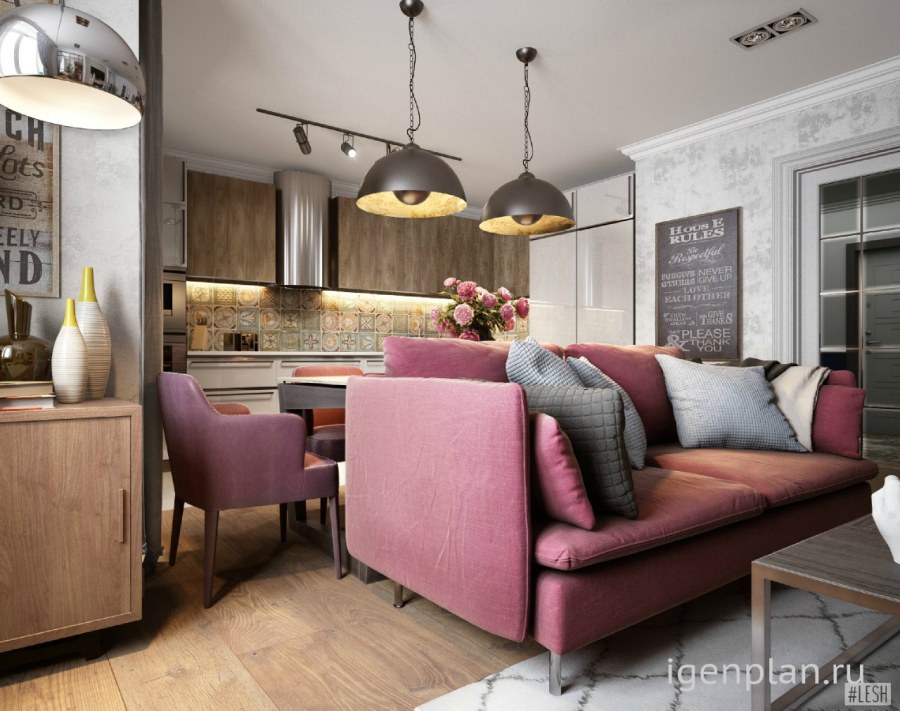 Светло серая кухня-гостиная