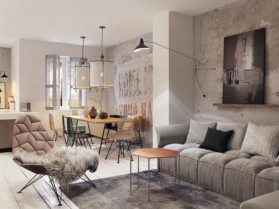 Декоративная штукатурка в стиле лофт в интерьере