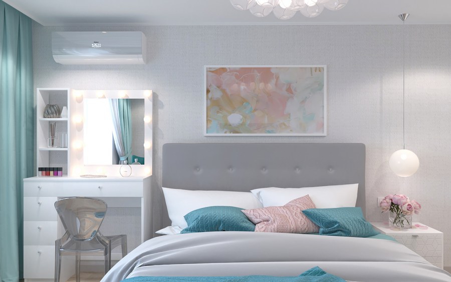 Спальня в нежно бирюзовый тонах в современном стиле