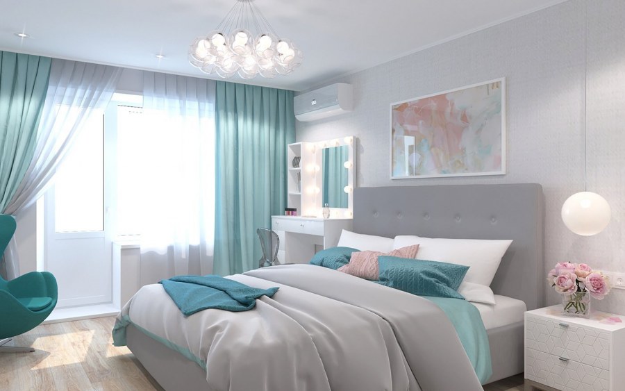 Спальня в светло бирюзовых тонах