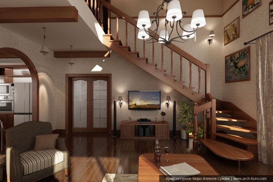 Планировка гостиной с лестницей