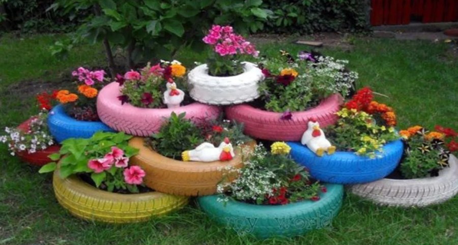 Цветочные клумбы из покрышек