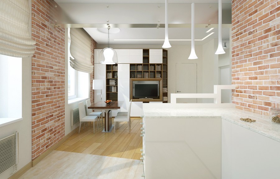 Кирпич в интерьере кухни гостиной