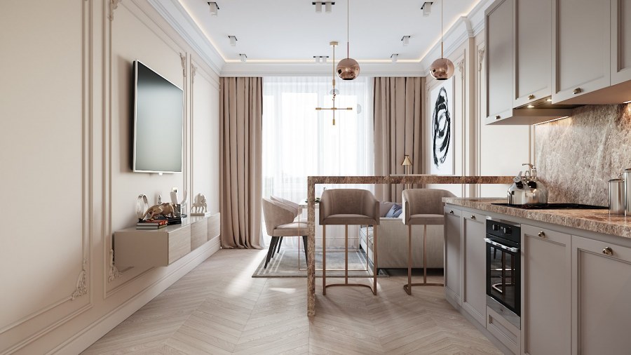 Светлая кухня-гостиная в пастельных тонах
