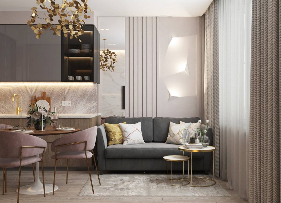 Кухни-гостиные в пастельных тонах