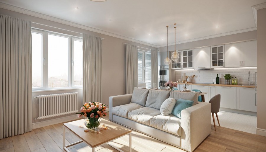 Кухня гостиная в доме в пастельных тонах