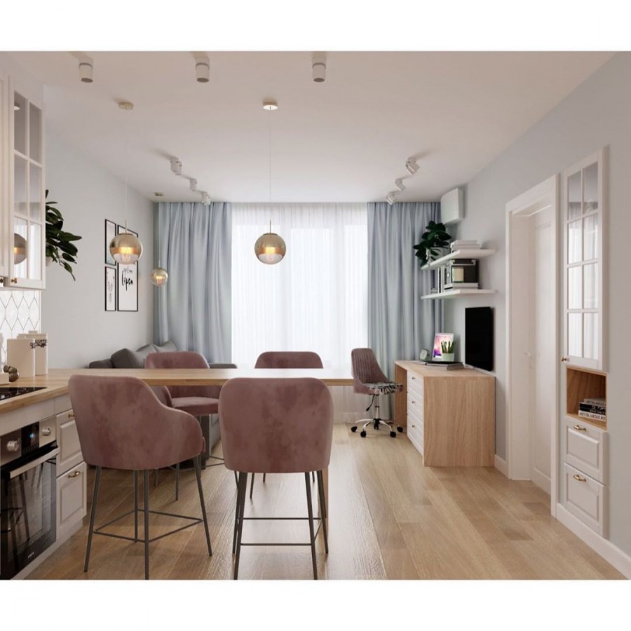 Интерьер кухни-гостиной в пастельных тонах