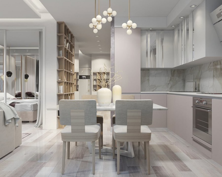 Светлая кухня-гостиная в пастельных тонах