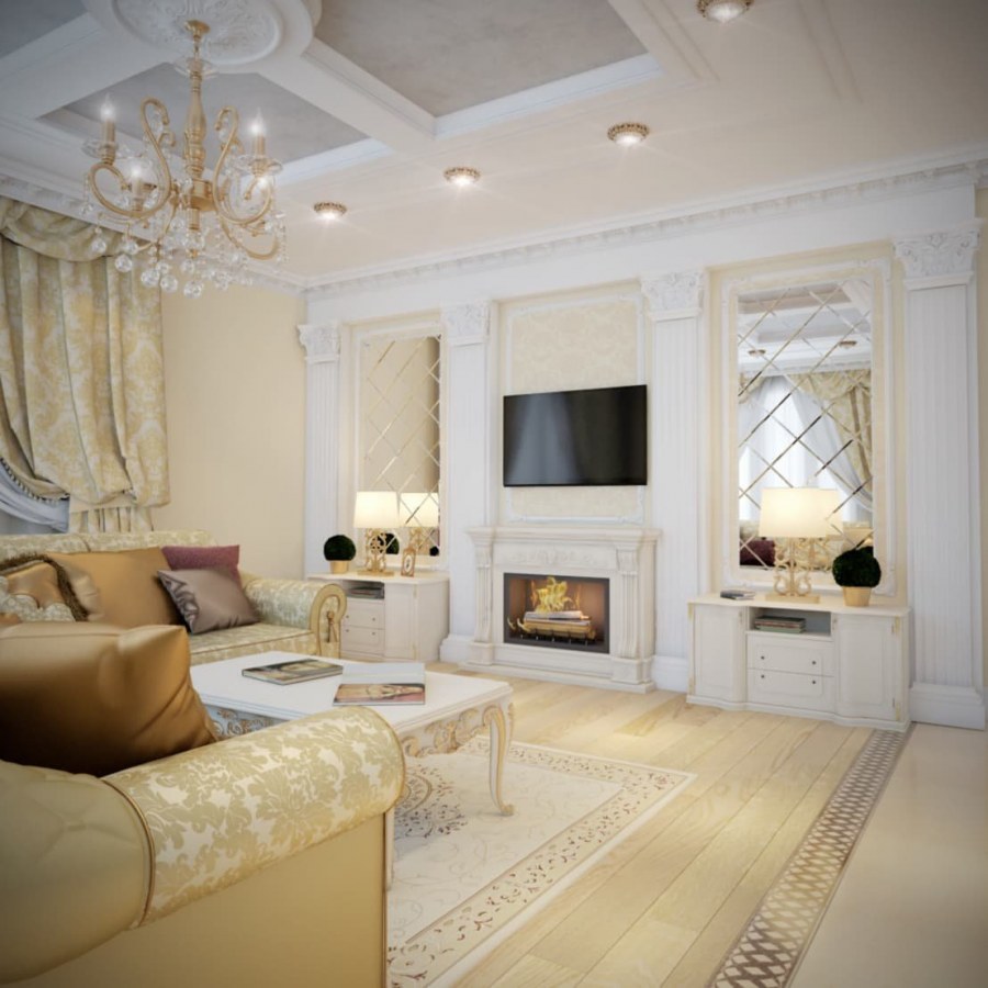Гостиная с камином в классическом стиле