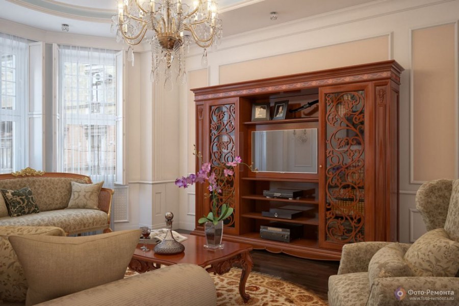 Гостиная с телевизором в классическом стиле