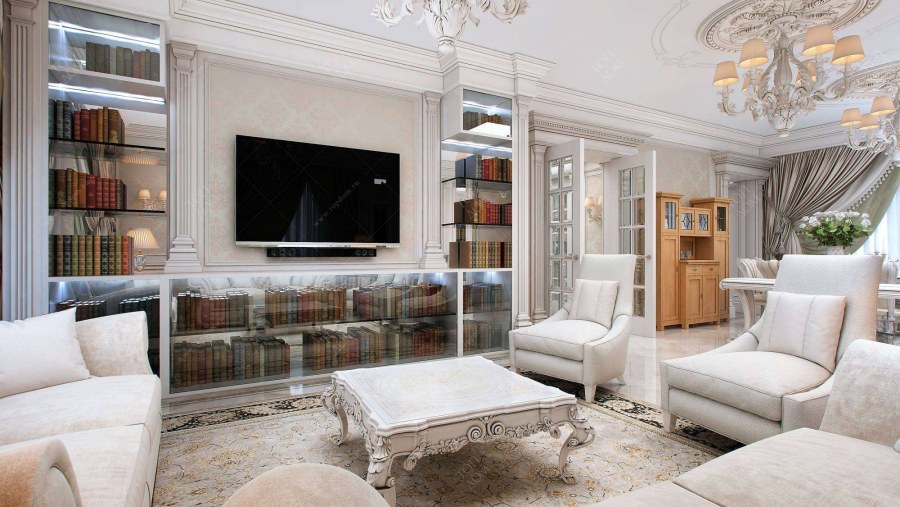 Гостиная зона ТВ классика с полуколоннами