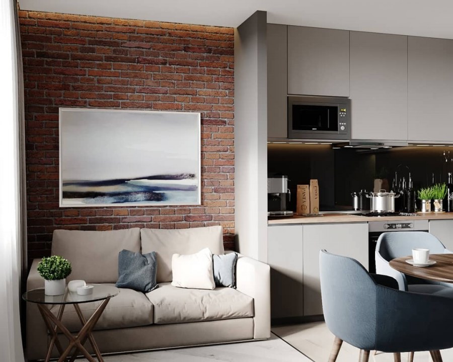 Мини кухня гостиная с диваном