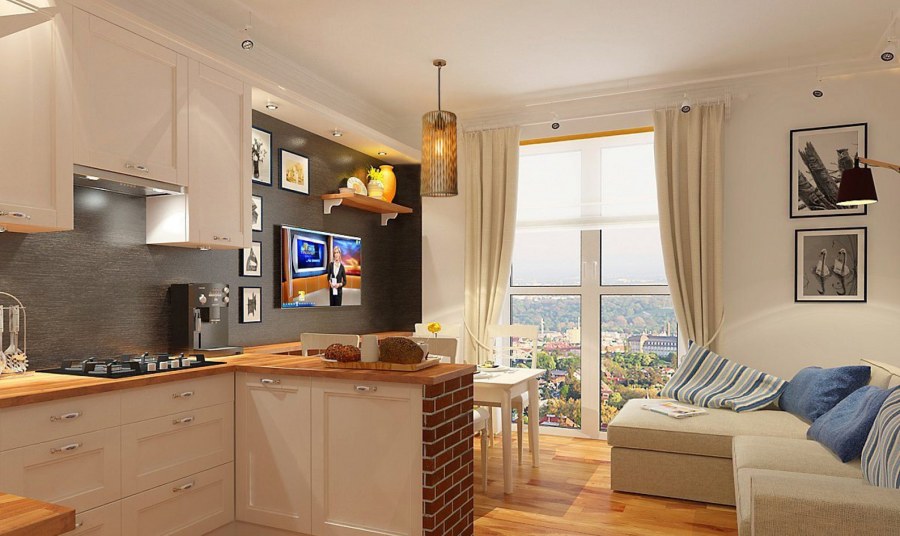 Интерьер кухни гостиной 14м2