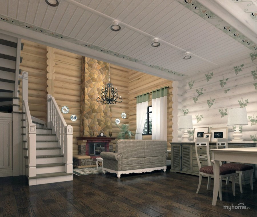 Бревенчатые стены в интерьере