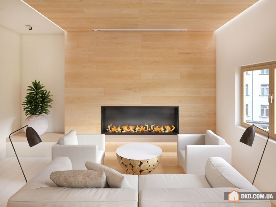 Современный камин в интерьере гостиной