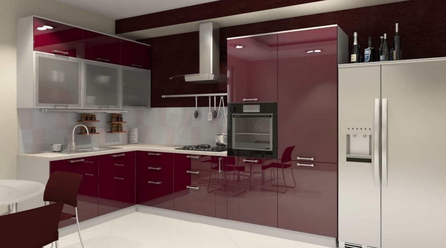 Красный холодильник в интерьере кухни