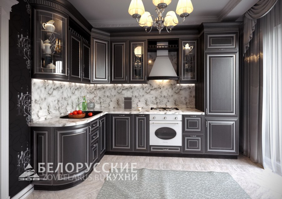 Кухня Венеция патина серебро черная столешница