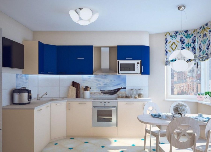 Кухня в сине бежевых тонах