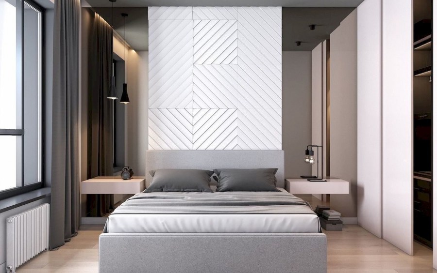 Белые рейки на стене в спальне