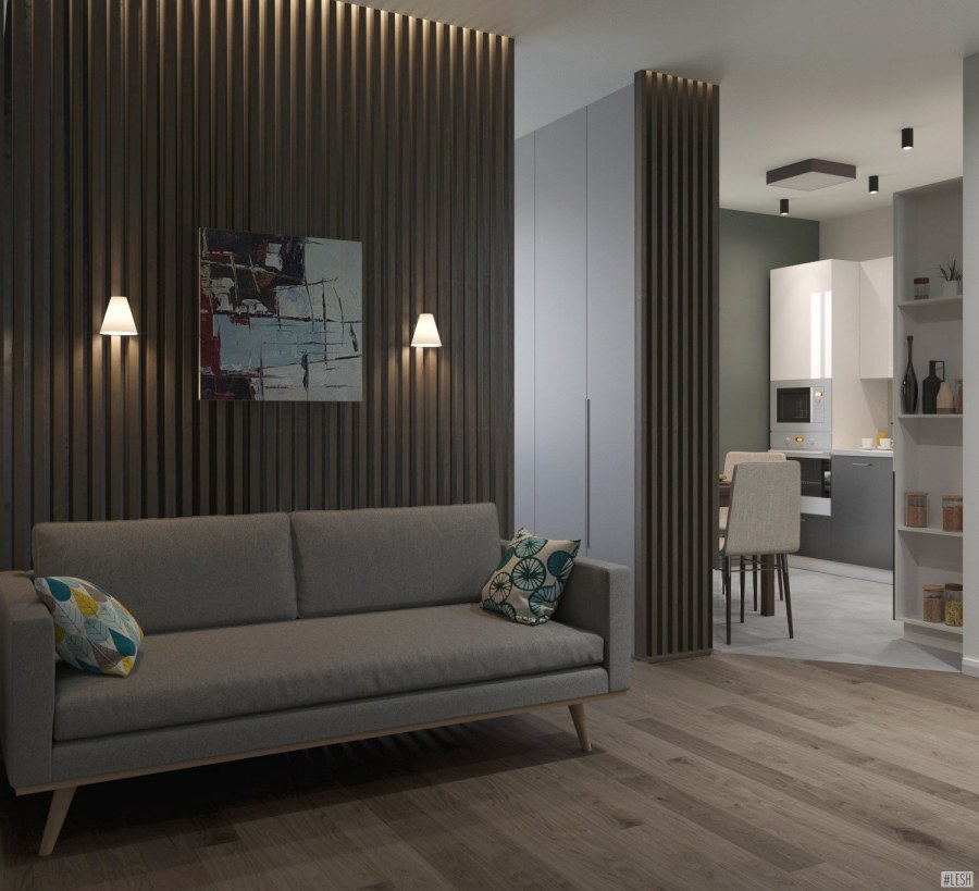 Рейки за диваном в гостиной