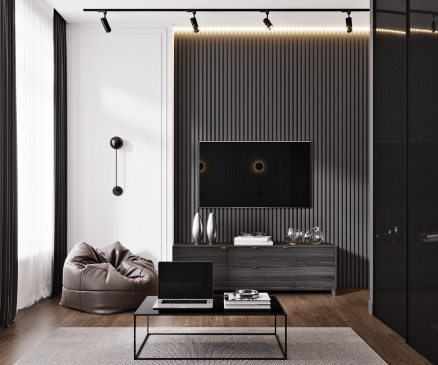 Серые деревянные рейки в интерьере