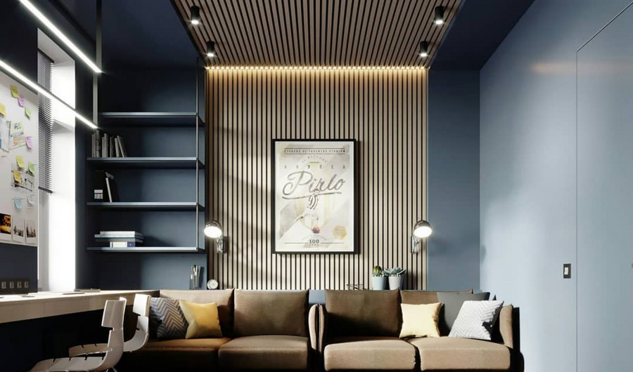 Серая гостиная с рейками