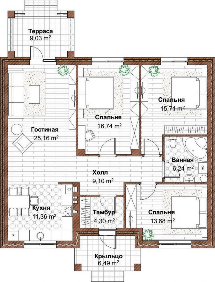 Проекты домов с 2 спальнями на 1 этаже